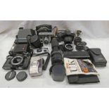 VARIOUS CAMERAS AND LENSES TO INCLUDE CANON EO5 5000, CHINON, CE-4 CAMERA BODY, CHINON 1:3.5 - 4.