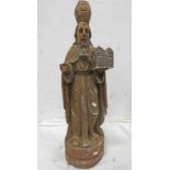 19TH CENTURY CARVED WOODEN & PAINTED RELIGIOUS FIGURE OF A BISHOP WITH RELIQUARY 67 CM TALL