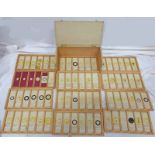 SELECTION OF GLASS MICROSCOPE SLIDES IN A FITTED CASE TO INCLUDE SECTION OF HUMAN RETINA, HUMAN EYE,