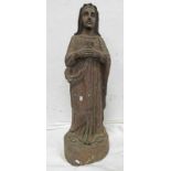 19TH CENTURY CARVED WOODEN & PAINTED RELIGIOUS FIGURE OF A WOMAN CLASPING HER HANDS 75 CM TALL