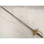 COPY OF A RAPIER WITH 84CM PLAIN DOUBLE EDGED STEEL BLADE WITH BRASS HILT AND A CAP GUARD