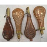 4 SHOT FLASKS, COPPER AND BRASS EXAMPLE WITH WOVEN DESIGN BY JAMES DIXON,