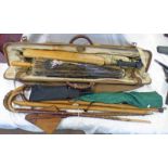 CRICKET BAT AND ACCESSORIES IN A BAG, WALKING STICKS,