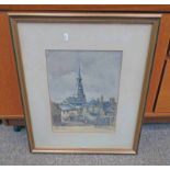 C G KENNAWAY, CHURCH TOWER CLOCK & STREET, SIGNED, FRAMED WATERCOLOUR,