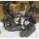 PAIR OF LATE 19TH CENTURY SPELTER FIGURES OF MAN WITH REARING HORSE 40CM TALL