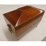 19TH CENTURY MAHOGANY SARCOPHAGUS TEA CADDY WITH INTERIOR LIDS & HANDLES,