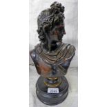 BRONZE BUST OF A NEO CLASSICAL MAN ON WOODEN PLINTH 32CM TALL