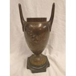 LATE 19TH CENTURY BRONZE 2 HANDLED PARAFFIN LAMP BASE WITH FLORAL DECORATION ON SLATE BASE 37CM