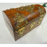 LATE VICTORIAN BRASS BOUND WALNUT TEA CADDY WITH INTERIOR LIDS,