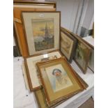 SELECTION OF FRAMED PRINTS, PICTURES ETC TO INCLUDE A SIGNED WATERCOLOUR OF A BEARDED GENTLEMAN,
