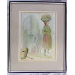 JILL LAUDER, WOMAN CARRYING BASKET ON HEAD, SIGNED, FRAMED PASTEL,