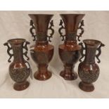 2 PAIRS OF JAPANESE BRONZE 2 HANDLED VASES WITH BIRD AND TREE DECORATION,