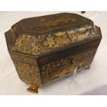 MID 19TH CENTURY CHINESE GILT & BLACK LACQUERED TEA CADDY OF CANTED RECTANGULAR FORM WITH GILT