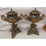 PAIR 19TH CENTURY BRONZE & BRASS URNS ON LIONS PAW FEET WITH LIDS 31CM TALL