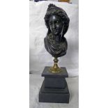 BRONZE BUST OF A WOMAN ON BRASS & SLATE PLINTH,