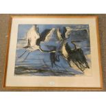 FRAMED GOUACHE OF THREE FLYING STORKS,