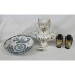 TWIN HANDLED PORCELAIN VASE WITH GILT & FLORAL DECORATION (HEIGHT 31CM) TOGETHER WITH PAIR OF