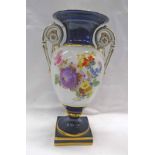 MEISSEN STYLE PORCELAIN 2 HANDLED FLORAL DECORATED VASE WITH BLUE CROSSED SWORDS MARK TO BASE -