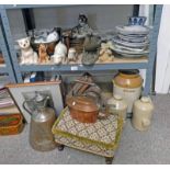 OAK CASED CLOCK, 19TH CENTURY COPPER KETTLE, VARIOUS STONEWARE JARS, GOOD SELECTION RIDGWAYS PLATES,