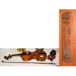 A violin and bow, a McConnell's whisky Cromac distillery Belfast thermometer, and a ''Little Joe''