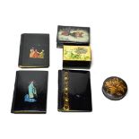 Three lacquer note books, a Russian snuff box, a lacquer box and a fernware box