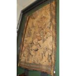 A wall hanging tapestry depicting a hunting scene of figures and horses within a woodland sce