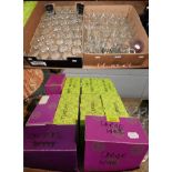 A selection of William Yeoward drinking glasses, including large/small wine glasses, tumblers, a box