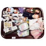 Assorted dolls and dolls accessories, comprising china half dolls, bisque seated and other