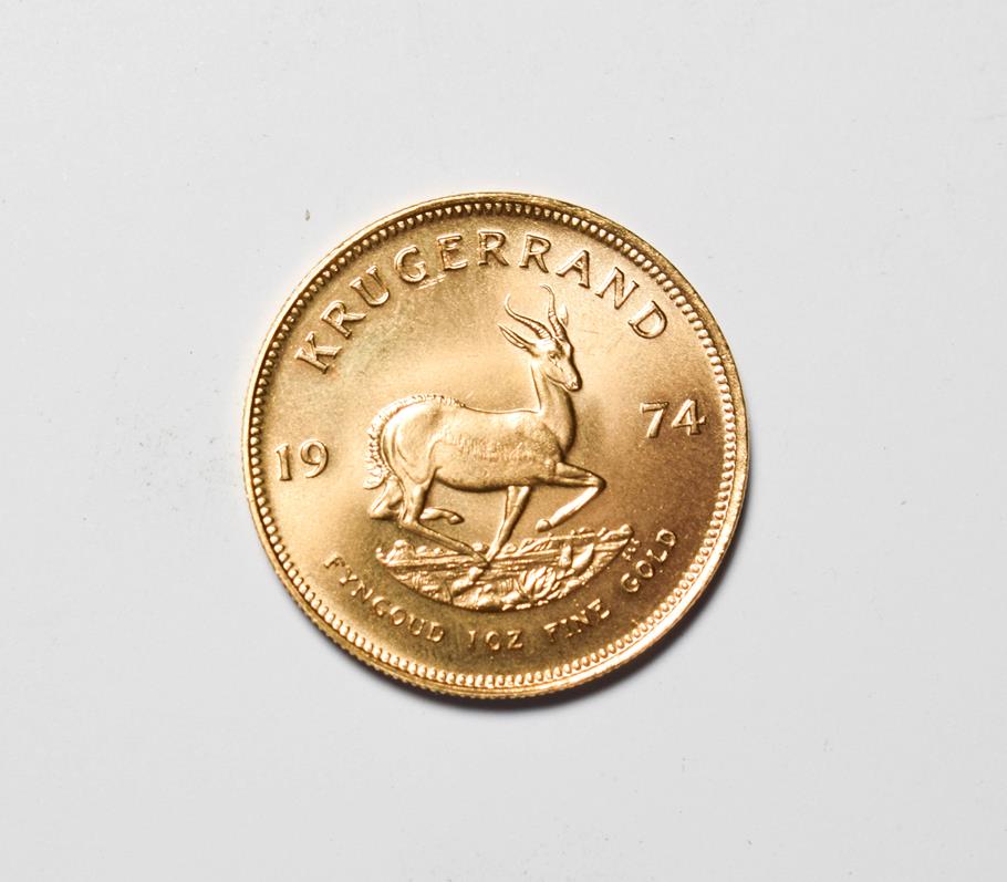 South Africa, 1974 Krugerrand. 1 oz. fine gold (.999). Obv: Bust of Paul Kruger left. Rev: