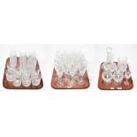 A selection of cut glass comprising wines, champagnes, cordial, tumblers, sherry, brandy, jug and