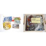 Two boxes of costume jewellery including beaded necklaces, hair slides, bangles etc