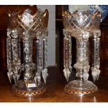 A pair of Victorian drop lustres. Some small chips to the top rims. Gilt wear. Two drops broken.