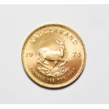 South Africa, 1974 Krugerrand. 1 oz. fine gold (.999). Obv: Bust of Paul Kruger left. Rev: