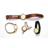 A gents 9 carat gold wristwatch and three lady's 9 carat gold wristwatches (4). Bracelet with one