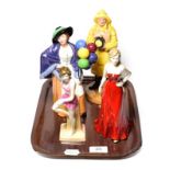 Four Royal Doulton figures including Lifeboat Man, Balloon Lady, Brighton Belle, Gemma . Good