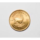 South Africa, 1974 Krugerrand. 1 oz. fine gold (.999). Obv: Bust of Paul Kruger left. Rev: