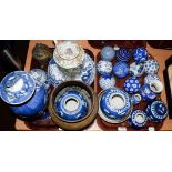 A quantity of various Oriental ceramics, plates, vases, including ten blue and white ceramics carpet