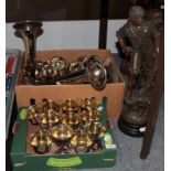 Pair of spelter figures, brass stamp, plated ware, commemorative wares, etc