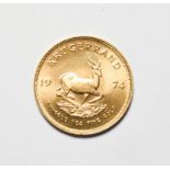 South Africa, 1974 Krugerrand. 1 oz. fine gold (.999). Obv: Bust of Paul Kruger left. Rev: