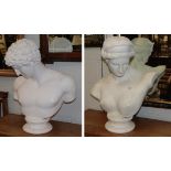 Two modern classical style plaster cast busts of a lady and gentleman