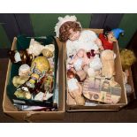 A quantity of assorted dolls including bisque, papier mache, fabric, celluloid; dolls house