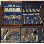 A quantity of silver plated ware including chamber sticks, muffin dish, ladle, cased sets, two