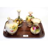 Three Royal Worcester rose decorated items consisting of two vases and a jug, together with a