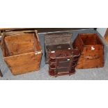 Two French wooden handled buckets, a carved oak small wall hanging cabinet, a modern glazed small