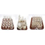 A selection of glass including wine glasses, cordial glasses, other drinking glasses, decanters,