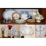 A Davenport blue and white meat plate, another meat plate, Coalport soup bowls and a tureen and