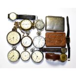 A selection of watches, including a silver chronograph pocket watch, trench form wristwatch, two