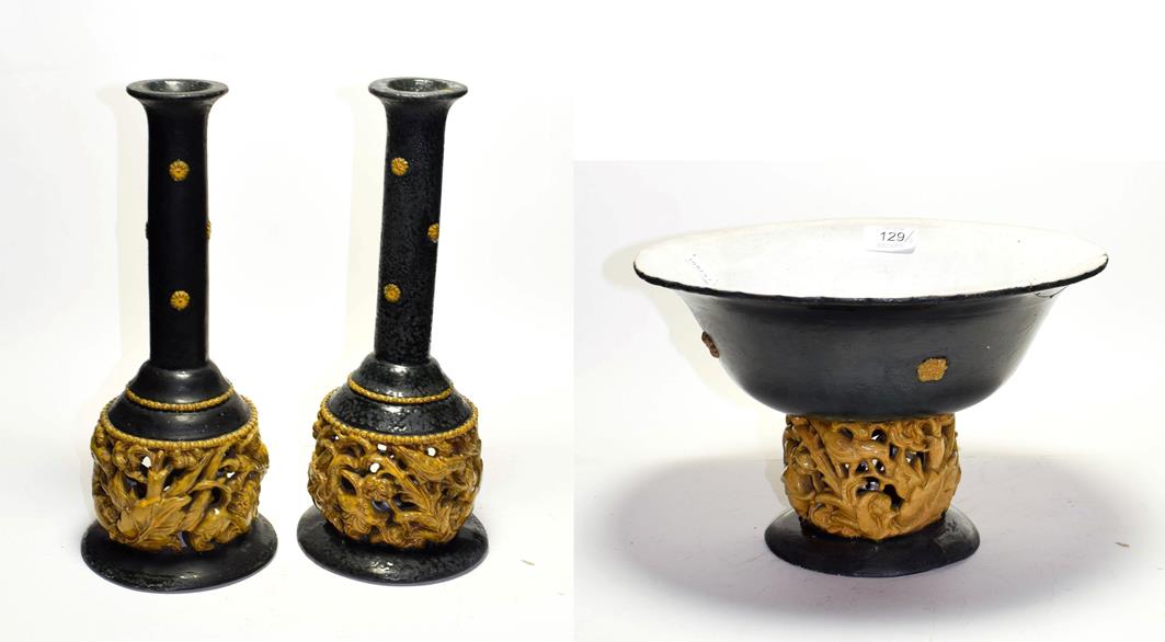 An unusual three piece Austrian terracotta centrepiece, impressed marks for Willy Russ, bowl 28.75cm