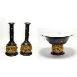 An unusual three piece Austrian terracotta centrepiece, impressed marks for Willy Russ, bowl 28.75cm