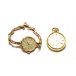 A lady's fob watch with case stamped 18k and a lady's 9 carat gold wristwatch (2) . 18k fob watch: